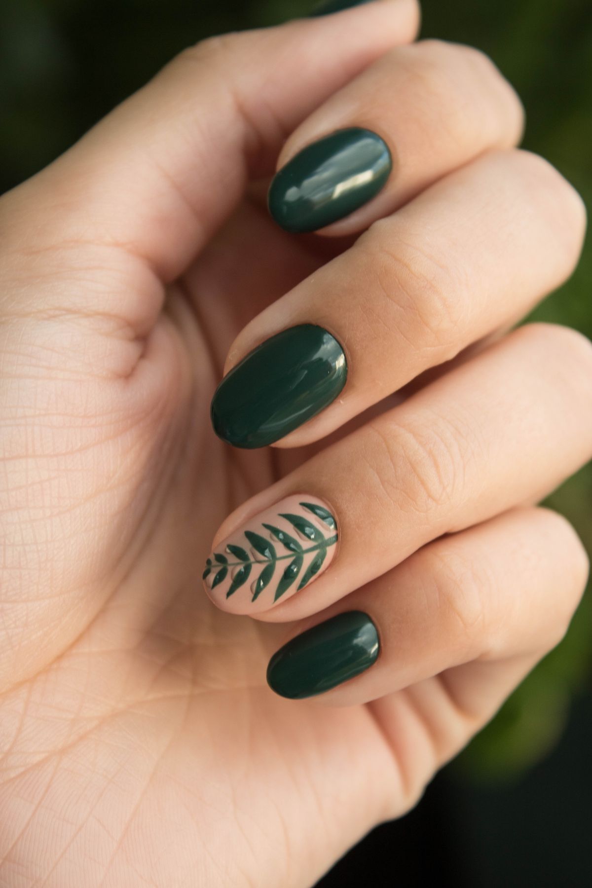 Sage green nail art set with botanical fern design